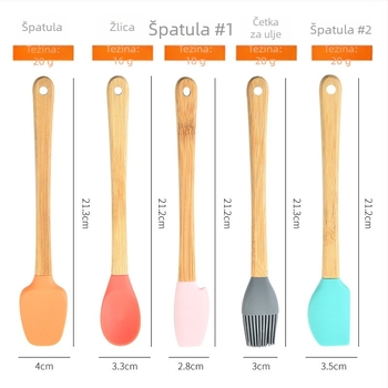 Mini silikon set za pečenje od 5 komada s drškama od bambusa ili plastike — moderan minimalistički stil, lansiran 2018.