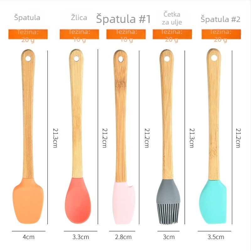 Mini silikon set za pečenje od 5 komada s drškama od bambusa ili plastike — moderan minimalistički stil, lansiran 2018.