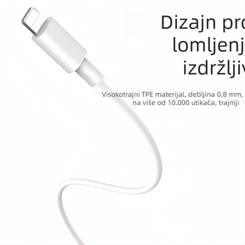 Kabel za punjenje s Lightning i Micro USB priključcima, duljina 1–2 m, TPE materijal, automatsko isključivanje, maksimalna izlazna snaga 12 W.