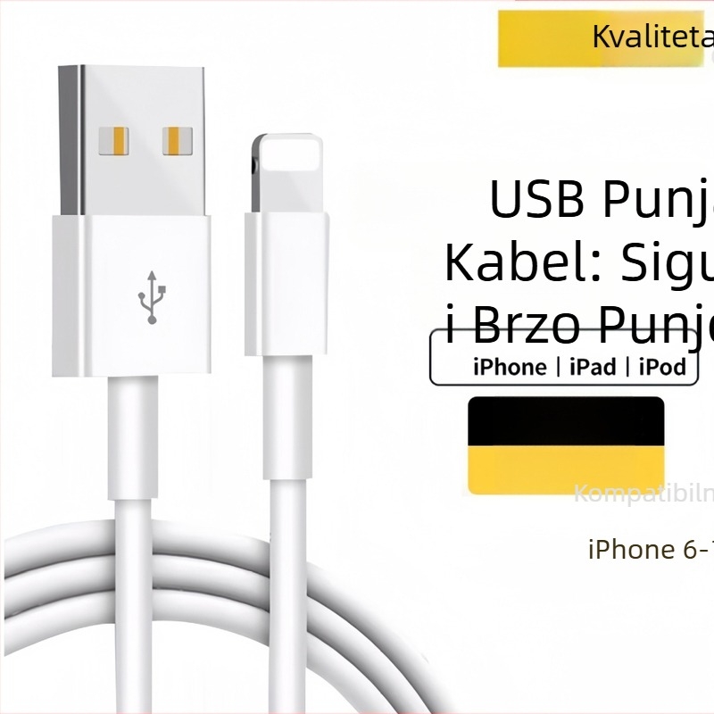 Kabel za punjenje s Lightning i Micro USB priključcima, duljina 1–2 m, TPE materijal, automatsko isključivanje, maksimalna izlazna snaga 12 W.