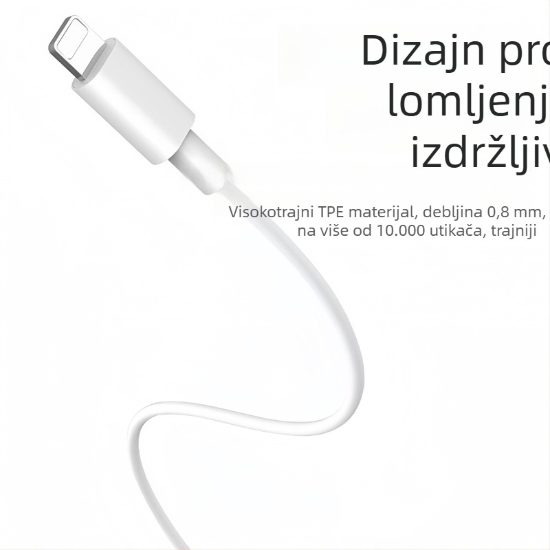 Kabel za punjenje s Lightning i Micro USB priključcima, duljina 1–2 m, TPE materijal, automatsko isključivanje, maksimalna izlazna snaga 12 W.