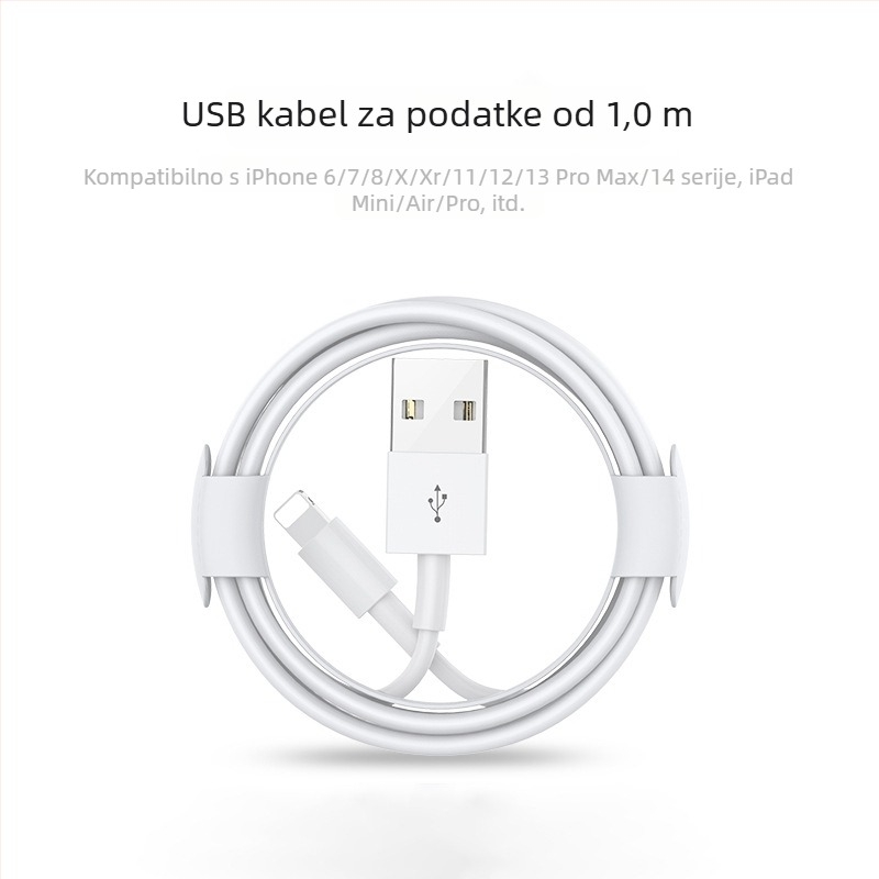 Kabel za punjenje s Lightning i Micro USB priključcima, duljina 1–2 m, TPE materijal, automatsko isključivanje, maksimalna izlazna snaga 12 W.