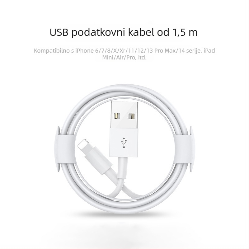 Kabel za punjenje s Lightning i Micro USB priključcima, duljina 1–2 m, TPE materijal, automatsko isključivanje, maksimalna izlazna snaga 12 W.