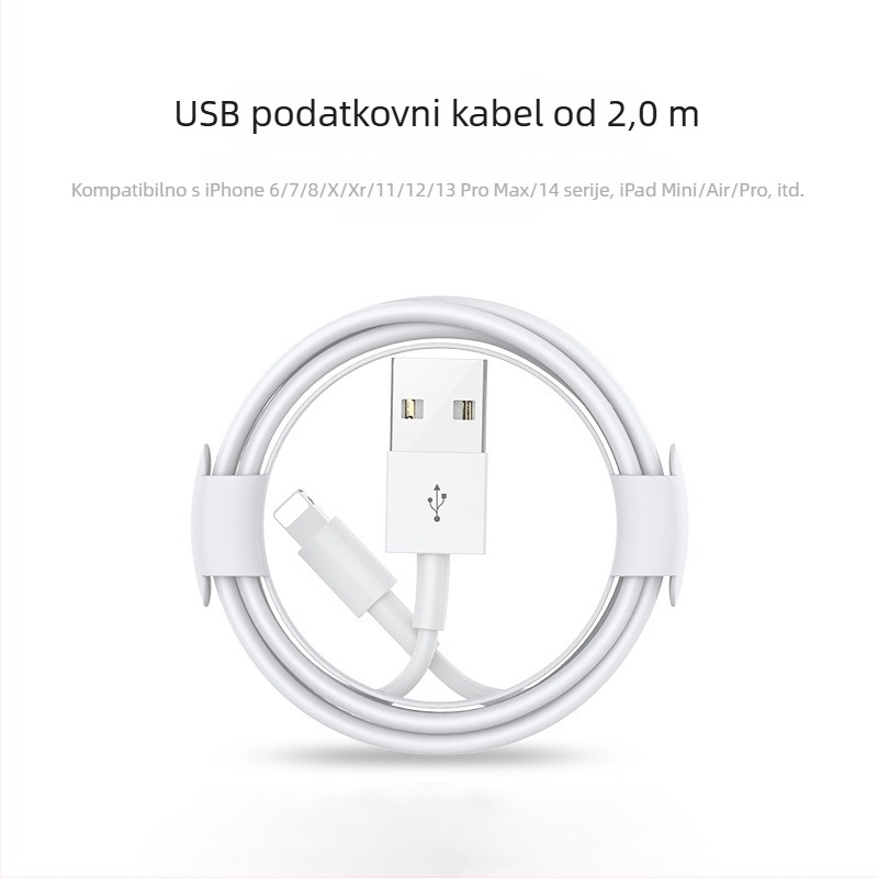 Kabel za punjenje s Lightning i Micro USB priključcima, duljina 1–2 m, TPE materijal, automatsko isključivanje, maksimalna izlazna snaga 12 W.