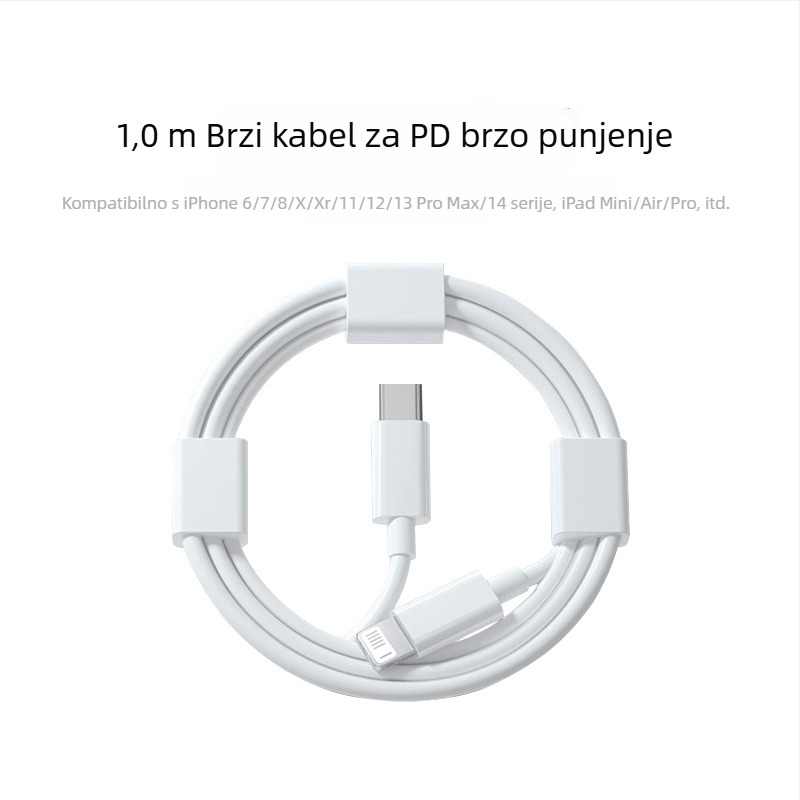 Kabel za punjenje s Lightning i Micro USB priključcima, duljina 1–2 m, TPE materijal, automatsko isključivanje, maksimalna izlazna snaga 12 W.