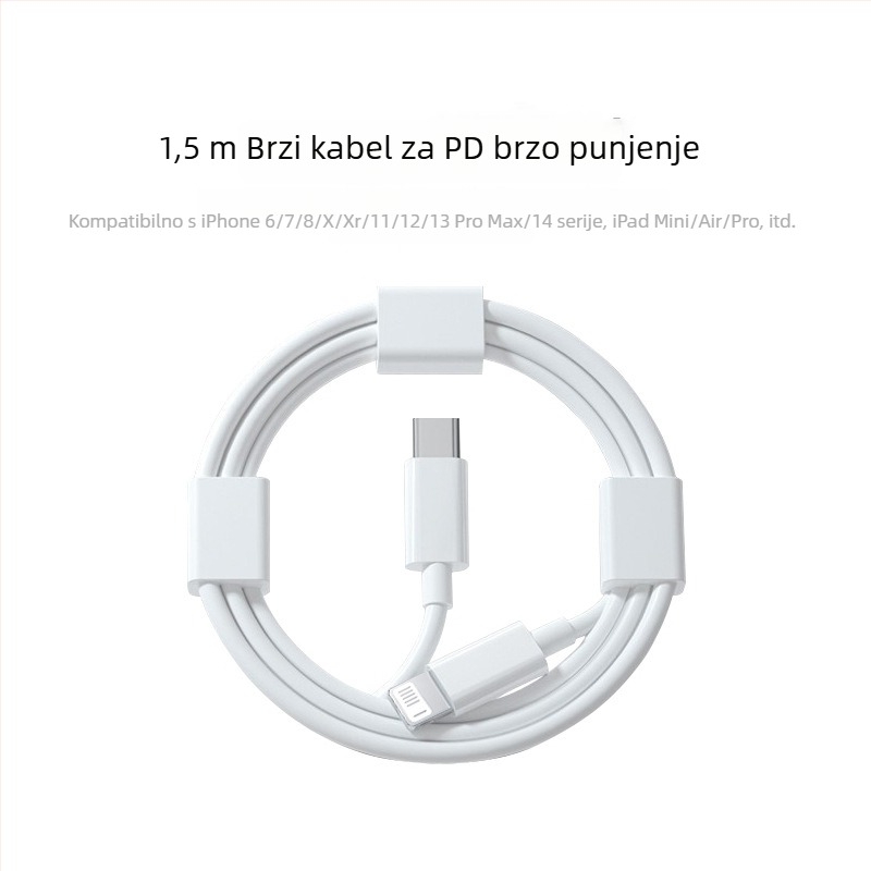 Kabel za punjenje s Lightning i Micro USB priključcima, duljina 1–2 m, TPE materijal, automatsko isključivanje, maksimalna izlazna snaga 12 W.