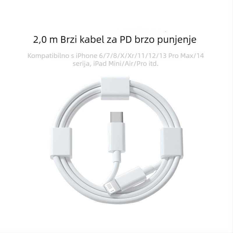 Kabel za punjenje s Lightning i Micro USB priključcima, duljina 1–2 m, TPE materijal, automatsko isključivanje, maksimalna izlazna snaga 12 W.