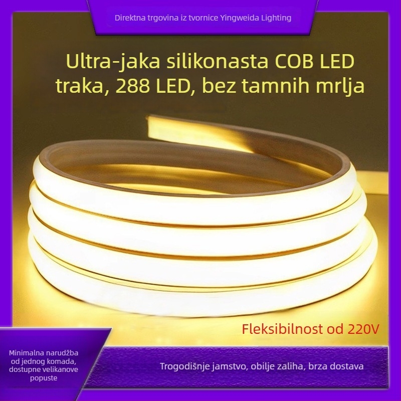 COB LED trak, 288 LED (2835 čipova), 220V vodootporan unutarnji fleksibilni LED trak, CRI 85-90