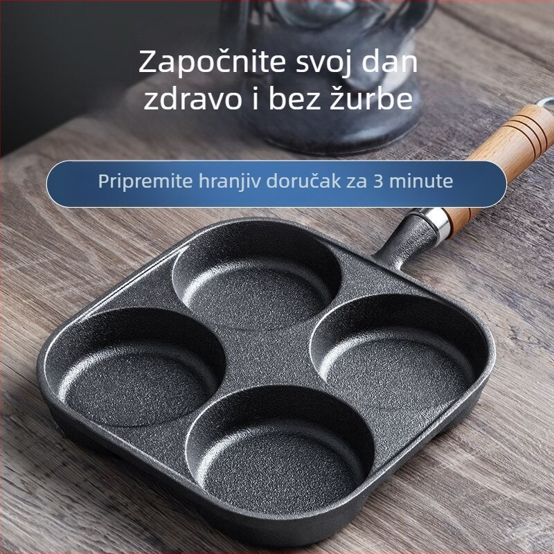 Lijevano željezni tiganj s četiri rupe za jaja, duboka kalupa za jaja-burger, neprijanjajuća površina, plosnata tava za doručak