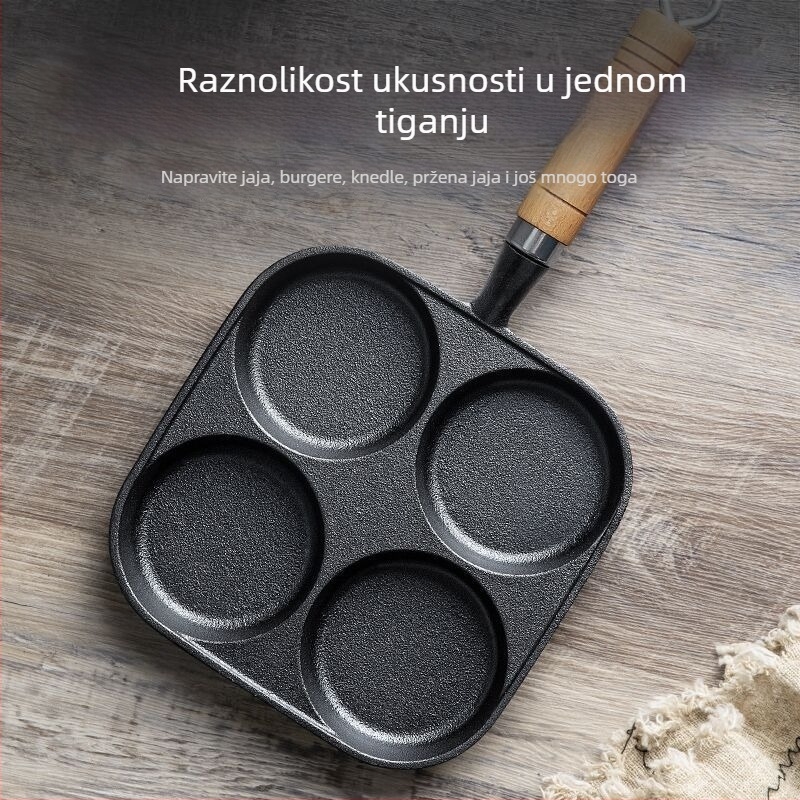 Lijevano željezni tiganj s četiri rupe za jaja, duboka kalupa za jaja-burger, neprijanjajuća površina, plosnata tava za doručak