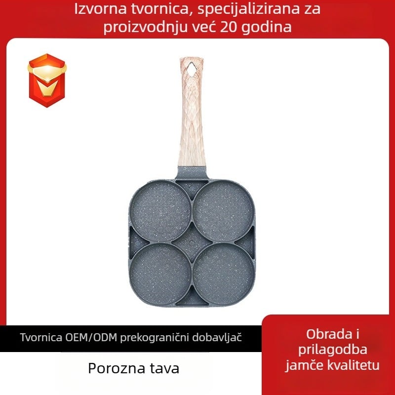 Tiganj za jaja i hamburgere sa četiri rupe – aluminijska legura, neprijanjajući premaz, dizajn s četiri rupe, težina 0,48 kg, pogodan za plinski plamenik