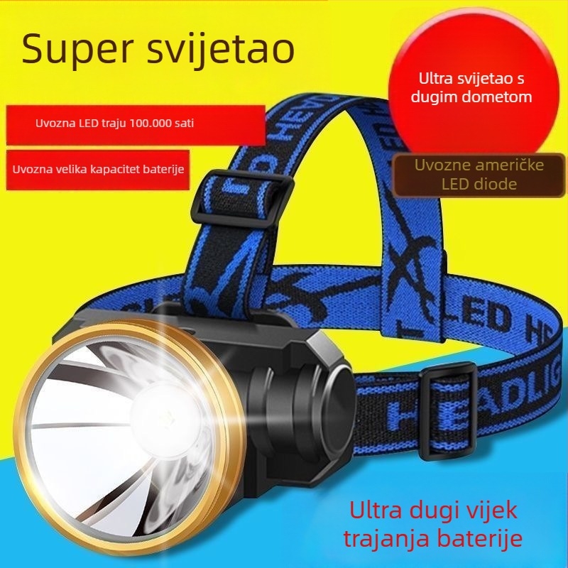 LED čelna lampica za glavu, vodootporna, punjiva, za noćni ribolov i kampiranje