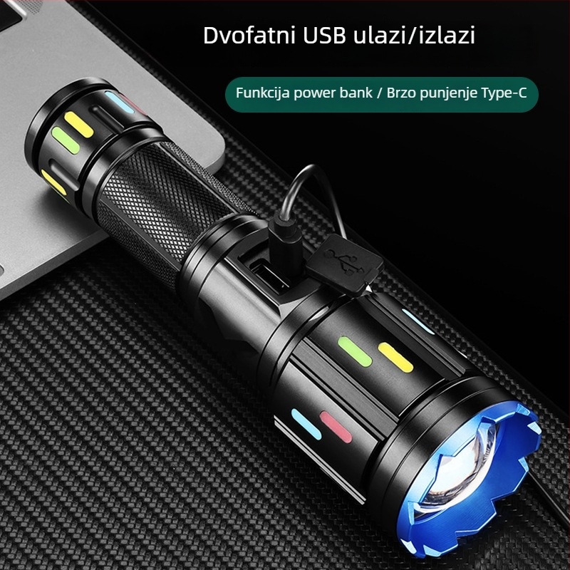 LED svjetiljka s optičkim zumom, 20W, domet 500 m, Type-C punjenje, baterije: 26650/18650/AAA