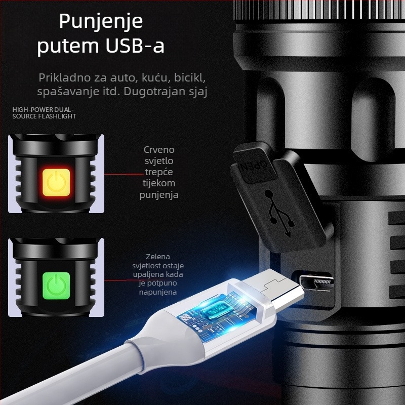 LED svjetiljka, kućište od aluminijske legure, 10 W, baterija 2400 mAh, domet 200–500 m