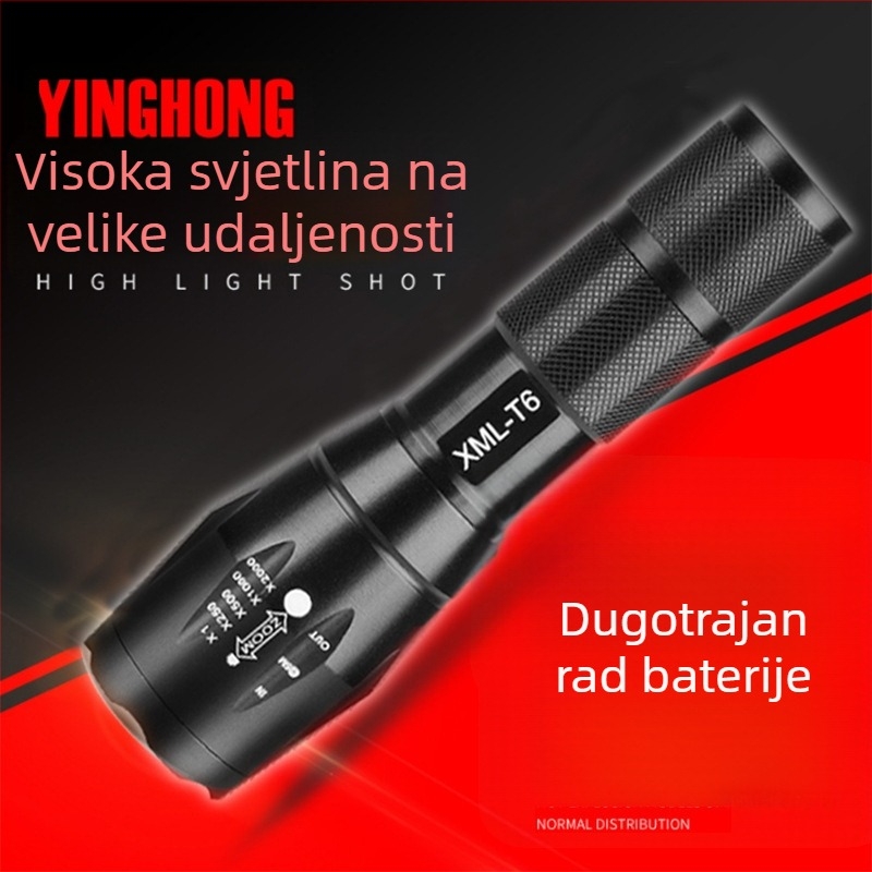 Prijenosna LED svjetiljka s teleskopskim zumom – aluminijsko kućište, 10W LED, 4200 mAh, 360° rotacija, ručni generator, punjenje, domet 200–500 m