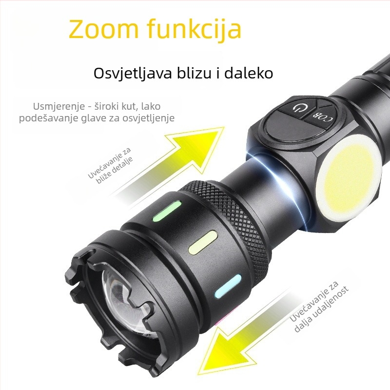 Punjenje COB baterijska lampa s bočnim svjetlom, 30W LED, 3000mAh baterija, USB punjenje, aluminijsko kućište, domet 200–500 m