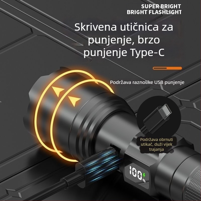 Punjavajuća LED baterijska svjetiljka s izlazom 30W, 1800mAh baterija, kućište od aluminijske legure, LED izvor svjetla, domet 200-500 m