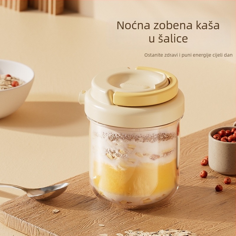 Staklena šalica za noćnu zobenu kašu – Moderni minimalistički stil, s poklopcem i žlicom, zatvoren za prijenos salata, mlijeka i smoothieja