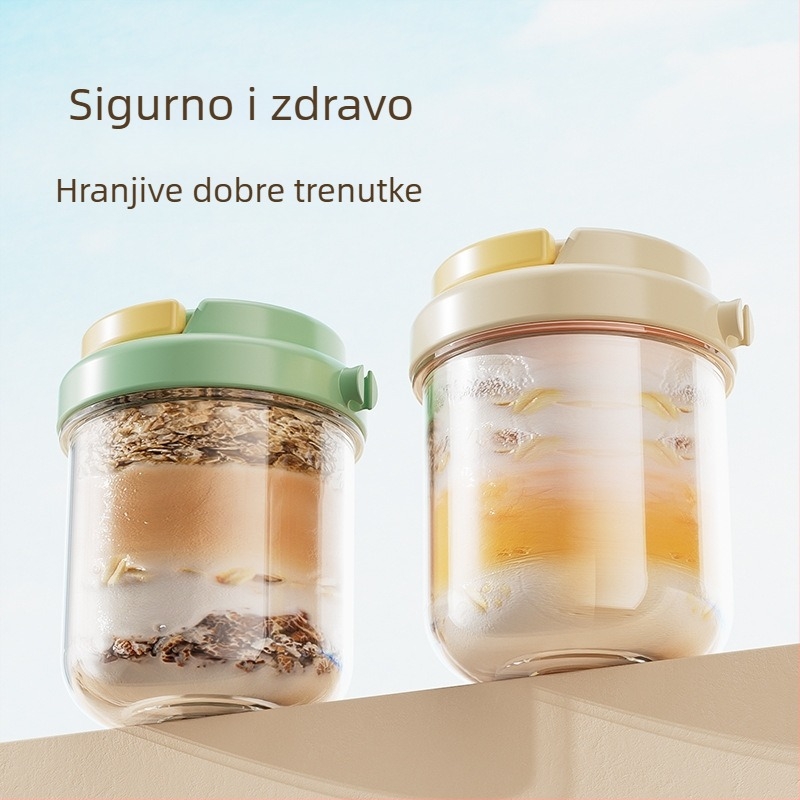 Staklena šalica za noćnu zobenu kašu – Moderni minimalistički stil, s poklopcem i žlicom, zatvoren za prijenos salata, mlijeka i smoothieja