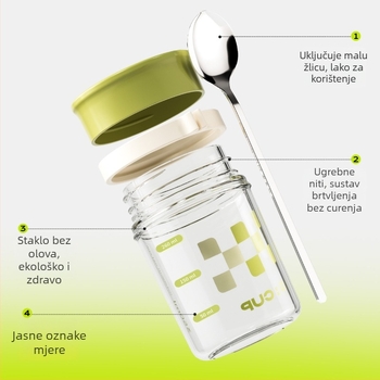 Čaša za zobenu kašu od stakla s poklopcem i žlicom, nepropusna, velika kapaciteta, 300 g