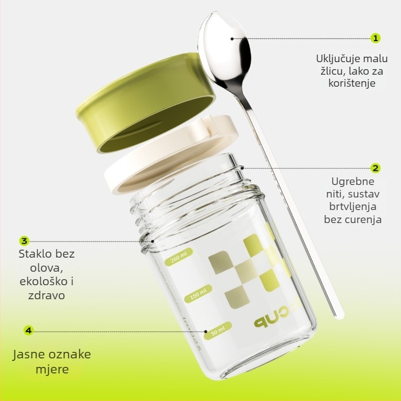 Čaša za zobenu kašu od stakla s poklopcem i žlicom, nepropusna, velika kapaciteta, 300 g