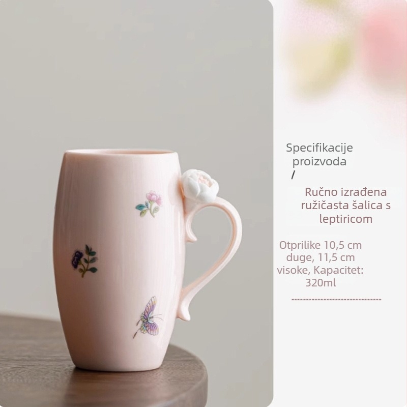 Keramička šalica s ručno izrađenim cvjetnim motivom, lagano luksuzan stil; pogodna za darivanje; za čaj, kavu ili sok