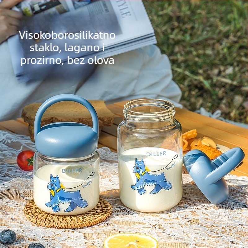 Dile Bell staklena čaša s poklopcem – prenosna, vodootporna i otporna na curenje, od visokokvalitetnog borosilikatnog stakla, cilindričnog oblika