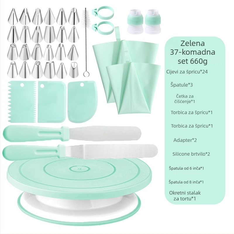 Qiao Set za ukrašavanje torti s rotirajućom podlogom, protuklizni, nehrđajući čelik + plastika; uključuje 24 nastavka za ukrašavanje, 2 vrećice za ukrašavanje, 2 špatule, 2 silikon prstena, 2 četkice za čišćenje