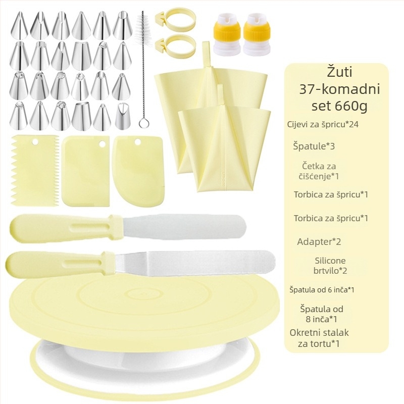 Qiao Set za ukrašavanje torti s rotirajućom podlogom, protuklizni, nehrđajući čelik + plastika; uključuje 24 nastavka za ukrašavanje, 2 vrećice za ukrašavanje, 2 špatule, 2 silikon prstena, 2 četkice za čišćenje