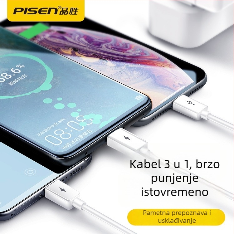 Kabel za brzo punjenje 3u1 s Lightning, USB-C i Micro USB priključcima; QC kompatibilan
