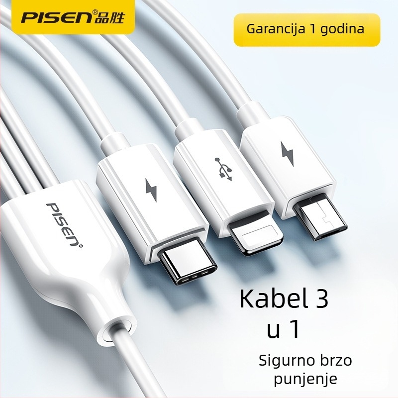 Kabel za brzo punjenje 3u1 s Lightning, USB-C i Micro USB priključcima; QC kompatibilan