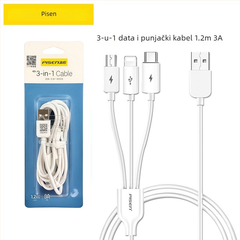 Kabel za brzo punjenje 3u1 s Lightning, USB-C i Micro USB priključcima; QC kompatibilan