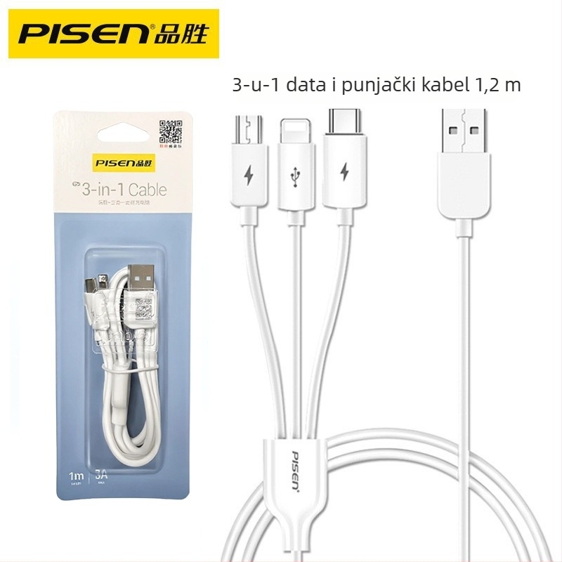 Kabel za brzo punjenje 3u1 s Lightning, USB-C i Micro USB priključcima; QC kompatibilan
