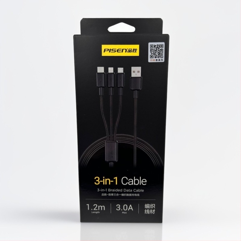 Kabel za brzo punjenje 3u1 s Lightning, USB-C i Micro USB priključcima; QC kompatibilan