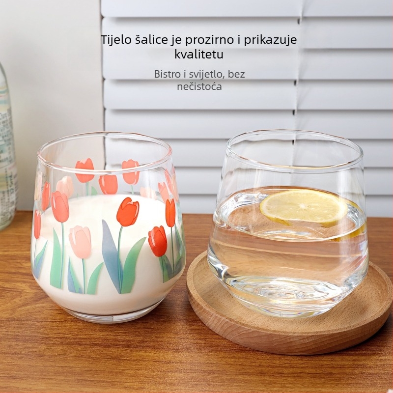 Staklena čaša za vodu od izdržljivog stakla, moderan umjetnički stil, bez ručke i poklopca, cvjetni uzorak, set od dvije čaše