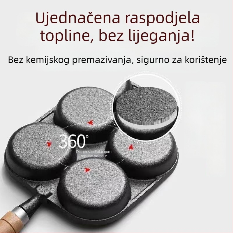 Livena tava od lijevenog željeza za jaja s četiri rupe, s neprijanjajućim premazom, kompatibilna s plinskim i indukcijskim pločama
