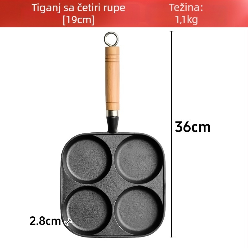 Livena tava od lijevenog željeza za jaja s četiri rupe, s neprijanjajućim premazom, kompatibilna s plinskim i indukcijskim pločama