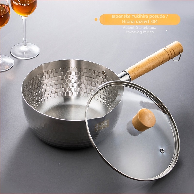 Lonac za mlijeko od nehrđajućeg čelika sa staklenim poklopcem, japanski stil, nepriľnav površina, dubina 9.5 cm