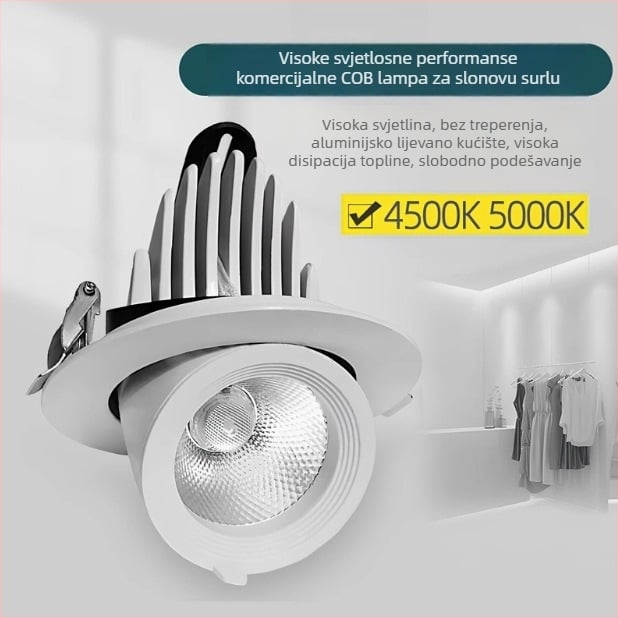 Ugradno COB LED stropno svjetlo s podesivim snopom, CRI ≥95, 220V, LED izvor, aluminijsko kućište, prekidač
