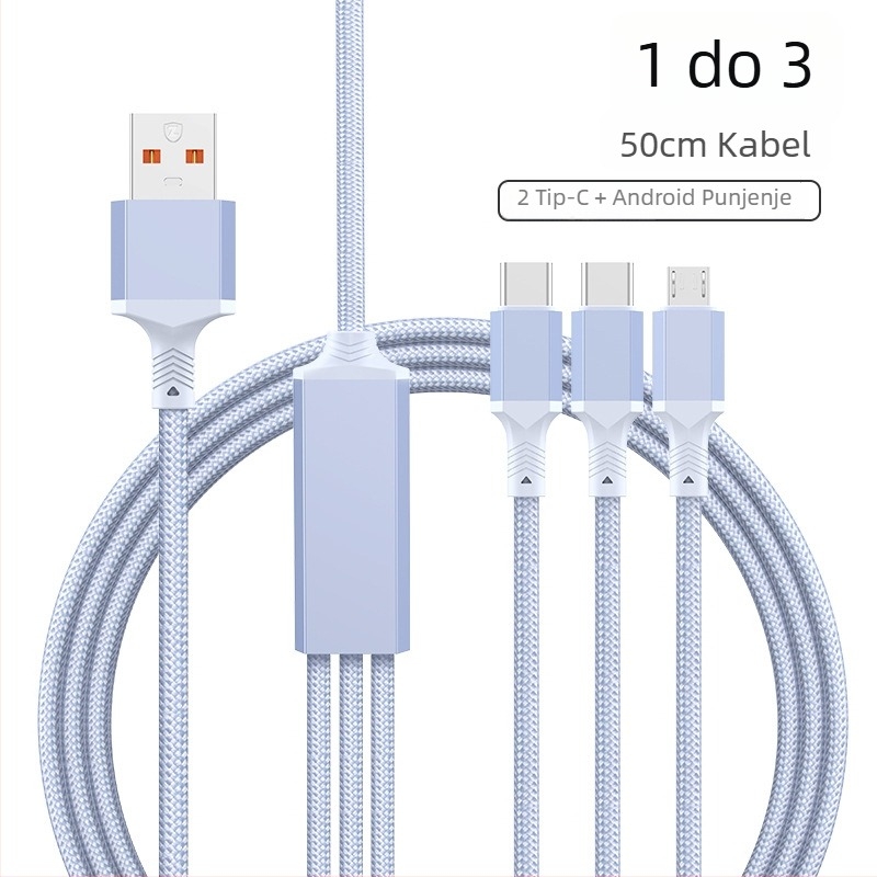 2-u-1 kabel za brzo punjenje i prijenos podataka s USB-C, Lightning i Micro USB, pleteni, razvodnik 1 na 2