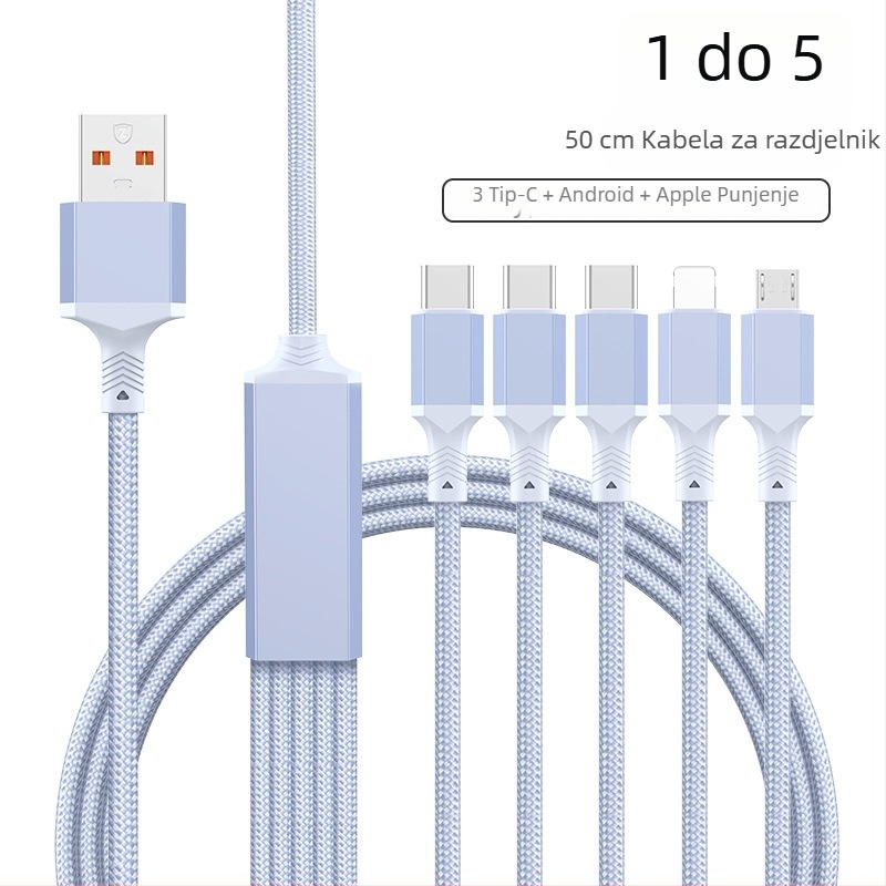 2-u-1 kabel za brzo punjenje i prijenos podataka s USB-C, Lightning i Micro USB, pleteni, razvodnik 1 na 2