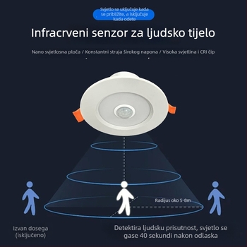 Ugradni LED downlight s senzorom pokreta za ulaz i hodnik, 220V, 4500K, CRI ≥90, skrivena instalacija, vijek 20000h