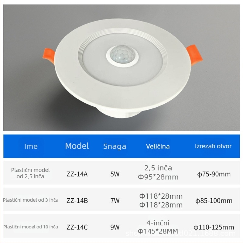 Ugradni LED downlight s senzorom pokreta za ulaz i hodnik, 220V, 4500K, CRI ≥90, skrivena instalacija, vijek 20000h