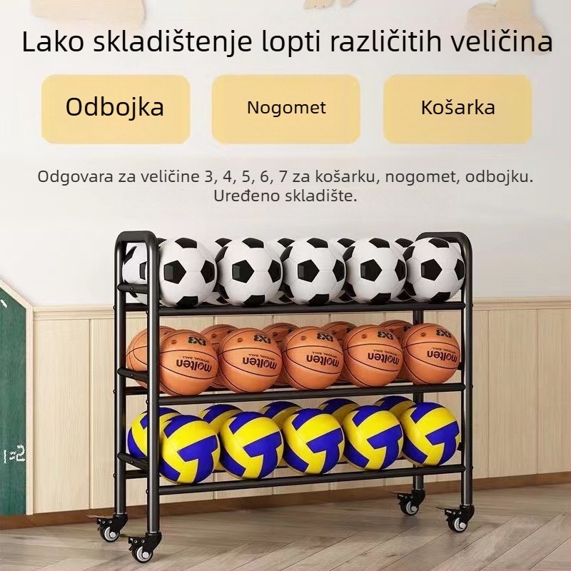 Pokretni stalak za pohranu lopti za košarku i odbojku — čelična konstrukcija, težina 5, pogodan za školu, vrtić i dvoranu