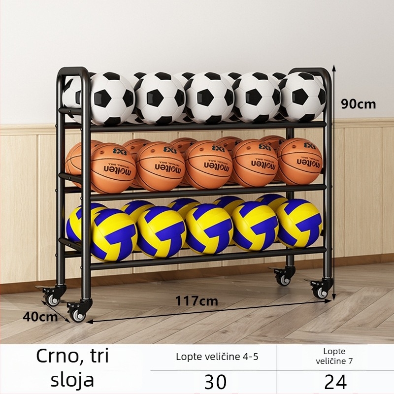 Pokretni stalak za pohranu lopti za košarku i odbojku — čelična konstrukcija, težina 5, pogodan za školu, vrtić i dvoranu