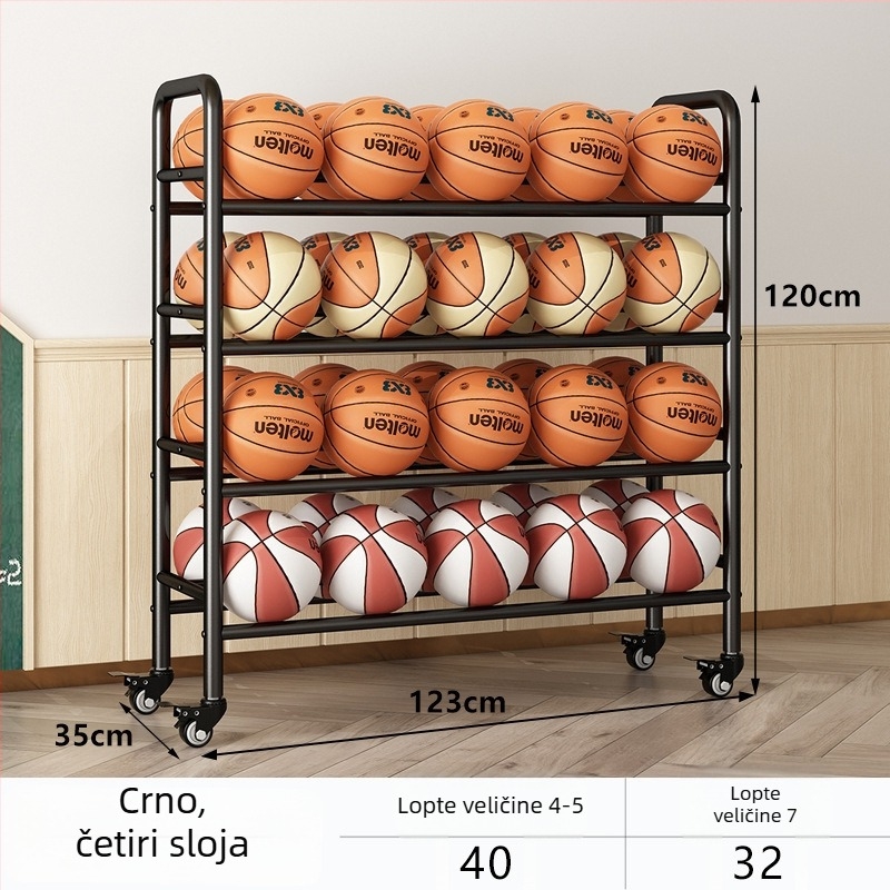 Pokretni stalak za pohranu lopti za košarku i odbojku — čelična konstrukcija, težina 5, pogodan za školu, vrtić i dvoranu