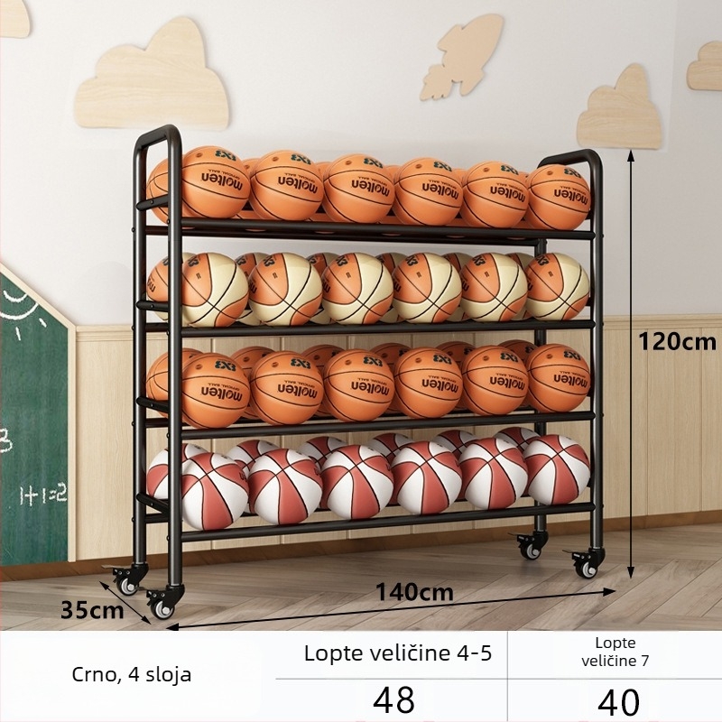 Pokretni stalak za pohranu lopti za košarku i odbojku — čelična konstrukcija, težina 5, pogodan za školu, vrtić i dvoranu