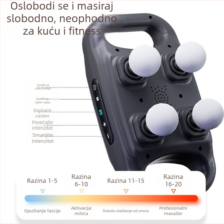 Fascia masažni uređaj s 6 glava, brushless motor, ugrađena baterija 1200-2000 mAh, LCD zaslon, više brzina, duboki masaž cijelog tijela
