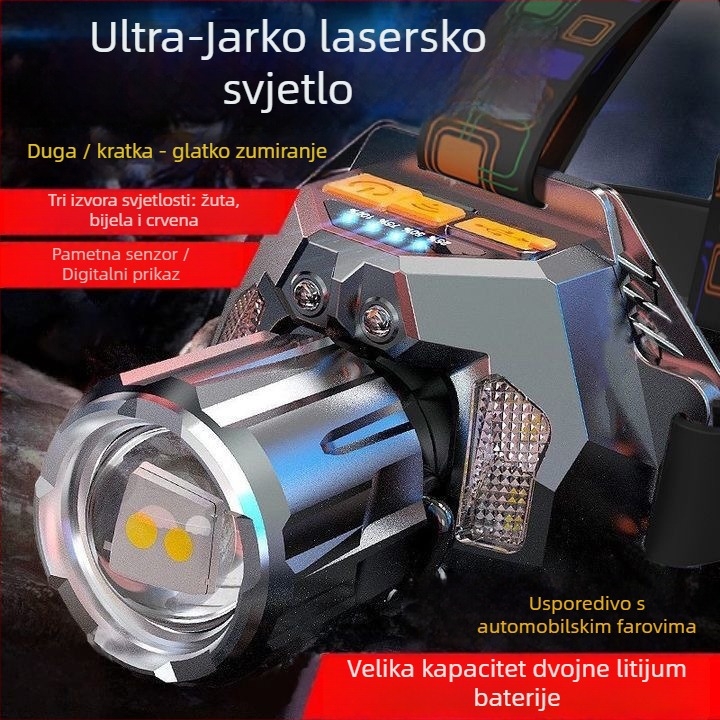 LED čelna lampica s tri LED načina za noćni ribolov na otvorenom, 30W, 360° rotacija, domet zrake iznad 500 m, ugrađena litij baterija