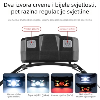 Čelna lampa s senzorom pokreta, LED 5W, 800 mAh baterija, domet 50–100 m, pogodna za planinarenje, kampiranje i noćni ribolov